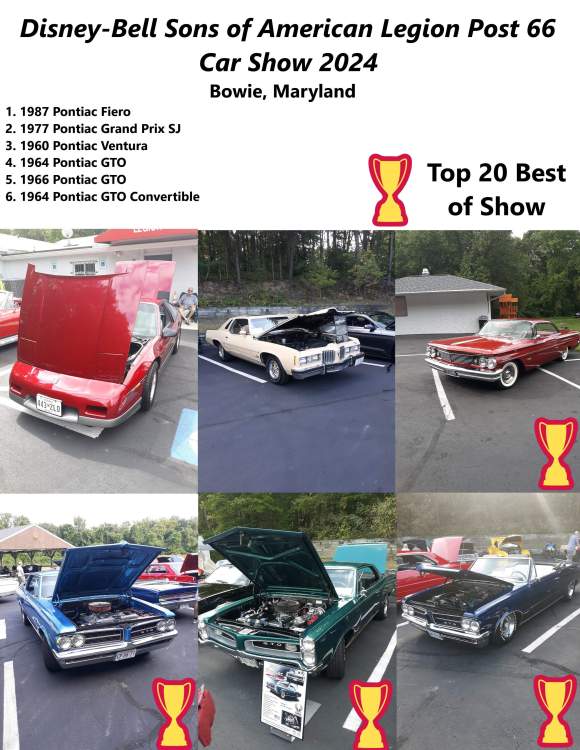 Collage of Pontiacs at Disney Bell Sons of American Legion Post 66 Bowie Maryland Car Show 2024.jpg
