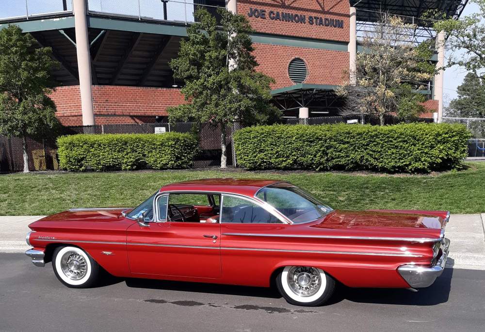 1960 Pontiac Ventura in front of Joe Cannon Stadium 2025 cropped jpeg.jpg